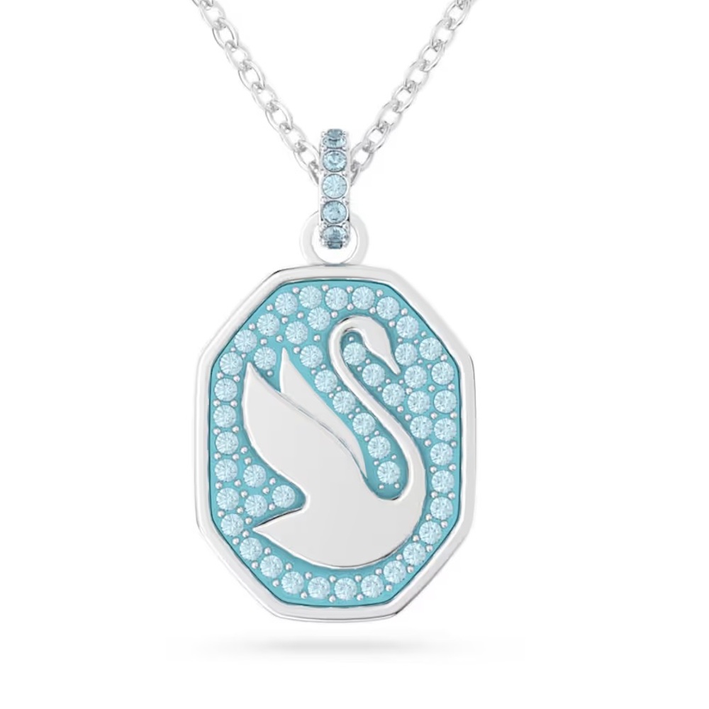 NIB. Swarovski Signum pendant Swan, Long, Blue, Rhodium plated Necklace